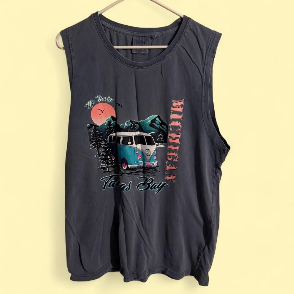 Comfort Colors tank top mens L blue Michigan Tawas Bay graphic sleeveless